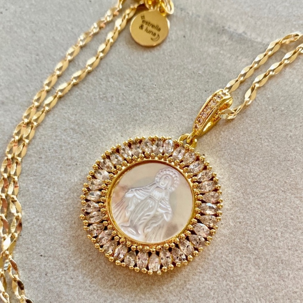 22k gold Mary necklace with crystals 20in chain